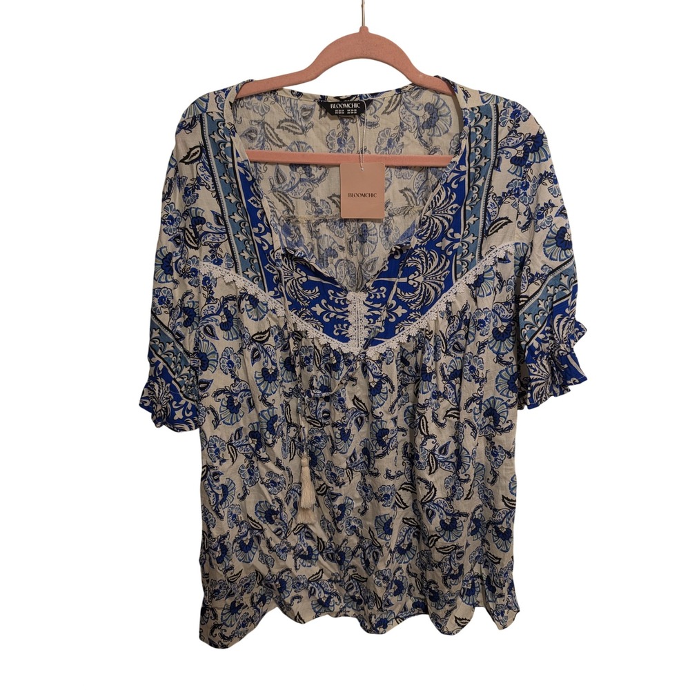 BloomChic Blue Floral Paisley Boho Peasant Top Lace Trim Tassel Size 22-24 NWT